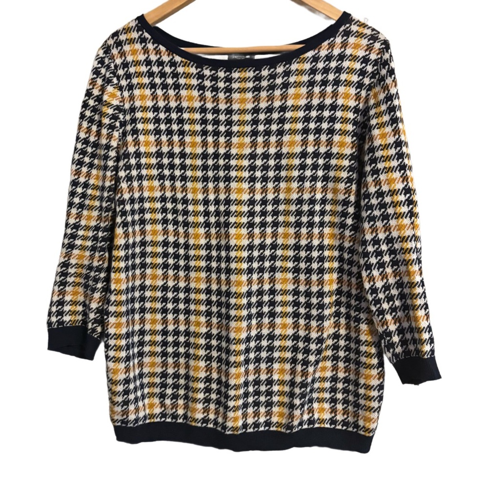 Ann Taylor Houndstooth Knit Sweater - Navy, White,Yellow 3/4 Sleeve Women’s Sz L